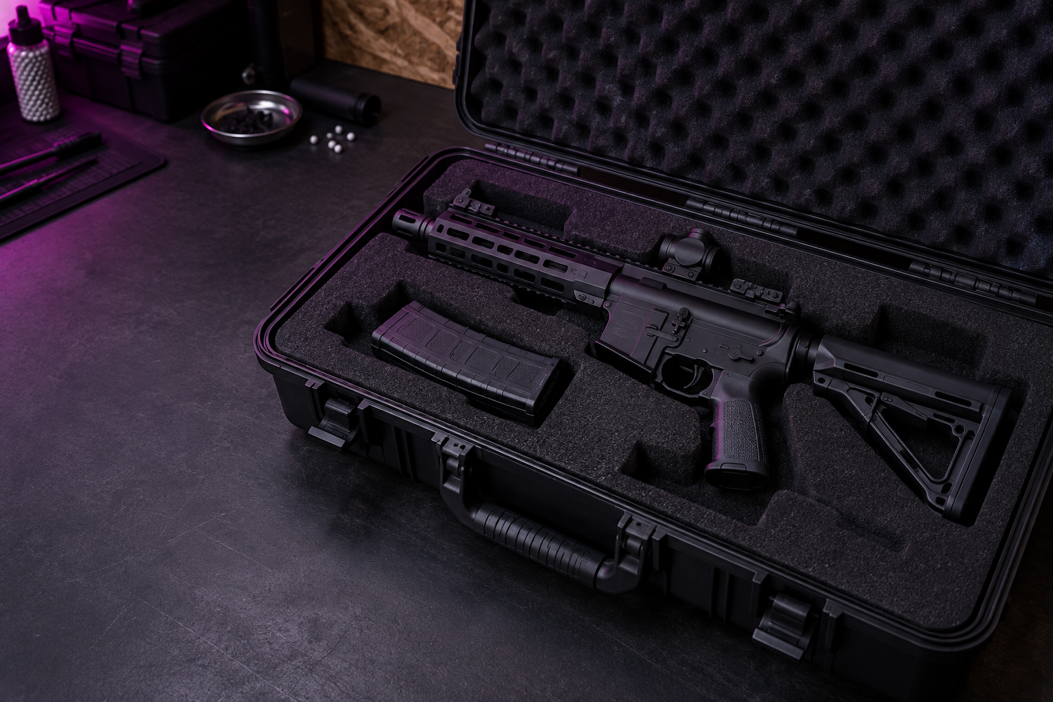 Airsoft replika egy táskában, szerelőasztalon